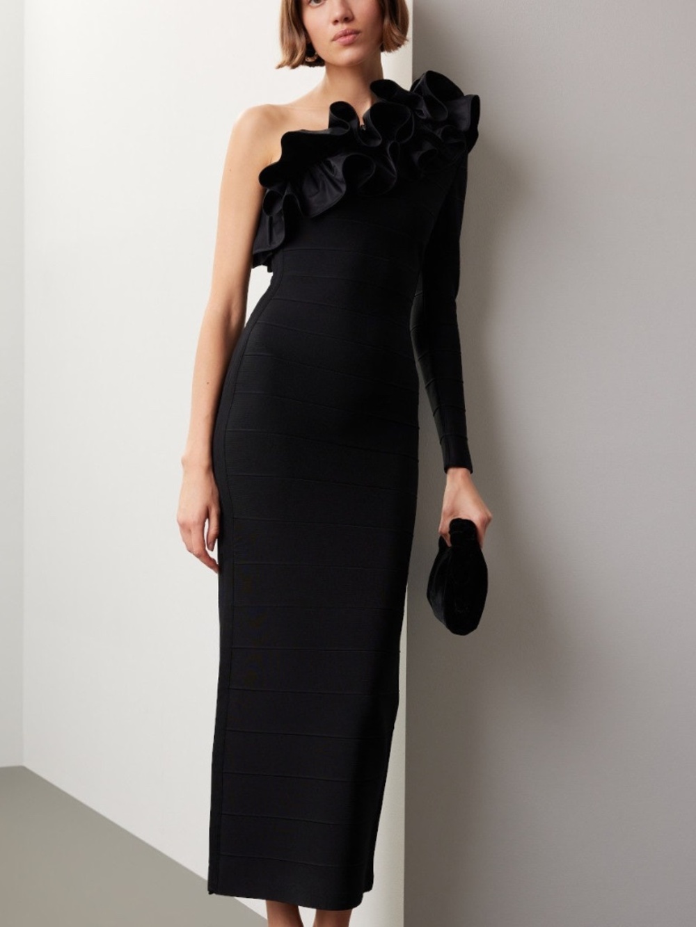 Herve Leger Asymmetrical Ruffle Gown Black One Shoulder Bandage Dress Maxi SMALL